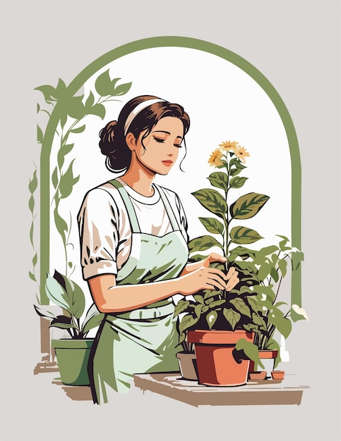 Bild einer jungen Frau, die sich um ihre Pflanzen kümmert