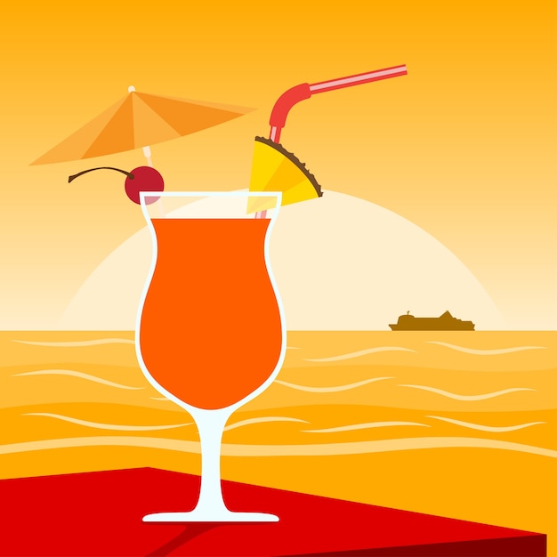 Bild eines cocktails, der auf tisch vor sonnenuntergang am strand steht