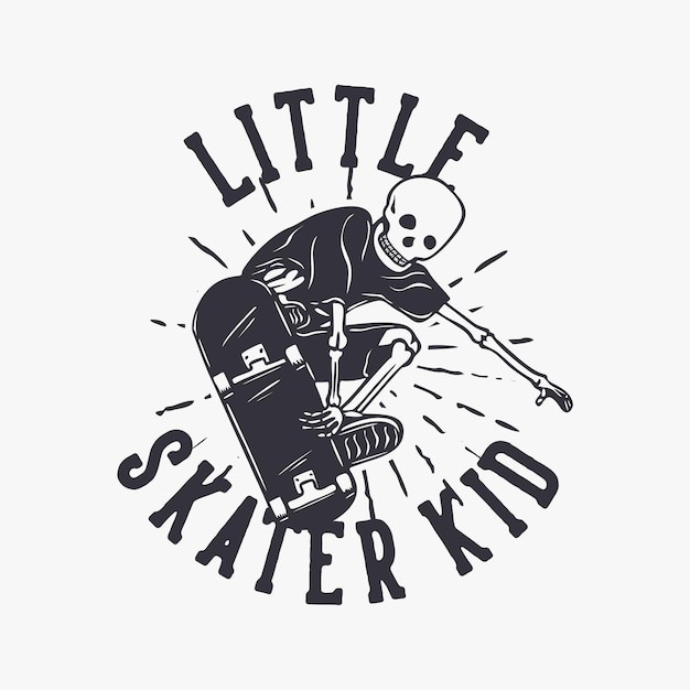 Bildbeschreibungt-shirt-design kleines skater-kind mit skelett, das skateboard-vintage-illustration spielt