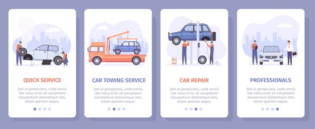Bildschirmposter für den Vektorsatz der mobilen App für Kfz-Mechaniker