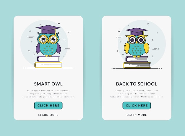 Bildschirmvorlagen für das Onboarding von mobilen Apps für Bildungs- oder Schulanwendungen mit Eulen.