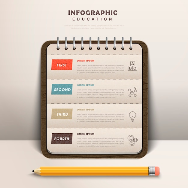 Bildung infografik design mit notizbuch mit einem bleistift