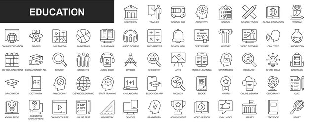 Bildung-Web-Symbole in dünnem Liniendesign. Packung mit Lehrern, Schule, Kreativität, Weisheit, Online-Bibliothek, E-Learning, Audio-Kurs, Zertifikat, Video-Tutorial, andere Vektor-Umriss-Strich-Piktogramme