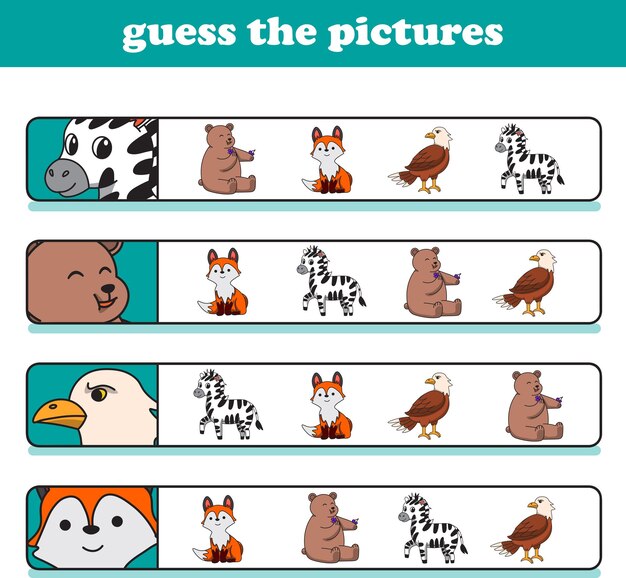 Vektor bildungsspiel für kinder, die richtigen bilder von niedlichen wildtieren-cartoons zu erraten.