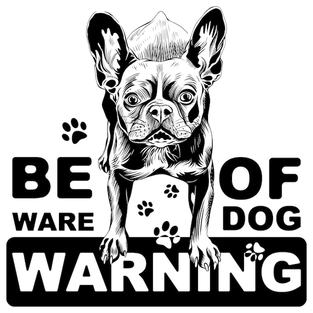 Vektor bildunterschrift: französische bulldogge, schwarzer hund, warnung: vorsicht vor hund