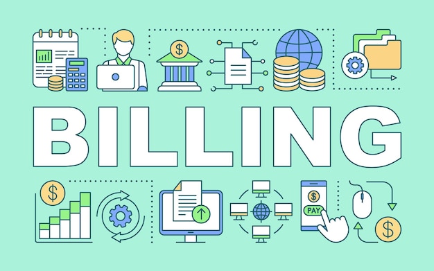 Billing services wortkonzepte banner. online-finanztransaktion, überweisung und unterstützung präsentation, website. isolierte schrifttypografie-idee mit linearen symbolen. vektor-umriss-abbildung