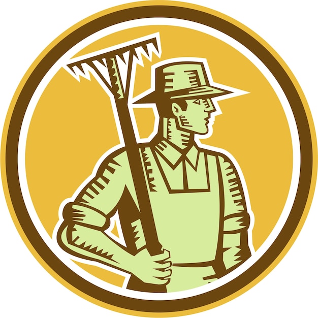 Bio-Bauer-Rechen-Holzschnitt-Retro