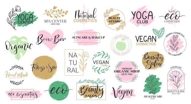 Bio-beauty-spa- und yoga-center-etiketten handgezeichnete embleme für yoga- und gesundheitsvektor-illustrationsset abzeichen für gesunde lebensweise geschäfte für vegane kosmetik und lebensmittel gesundheitsclub