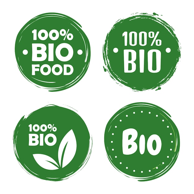 Vektor bio-etiketten und -tags. bio-veganes essen. vektor-illustration von hand gezeichnet. vegetarisches konzept von öko-grün.