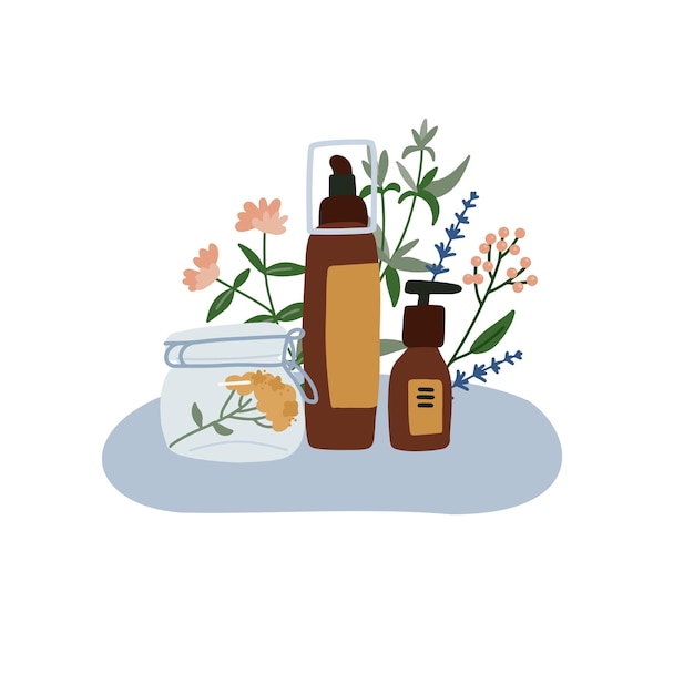 Bio-Kosmetikflasche, Glas und Tube. Kräuterkosmetik. Pflegeprodukte mit Leves. Flache Hand gezeichnete Illustration.