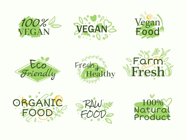 Bio-Logos und Symbole Etiketten-Tags Handgezeichnete Abzeichen für frische, gesunde Lebensmittel