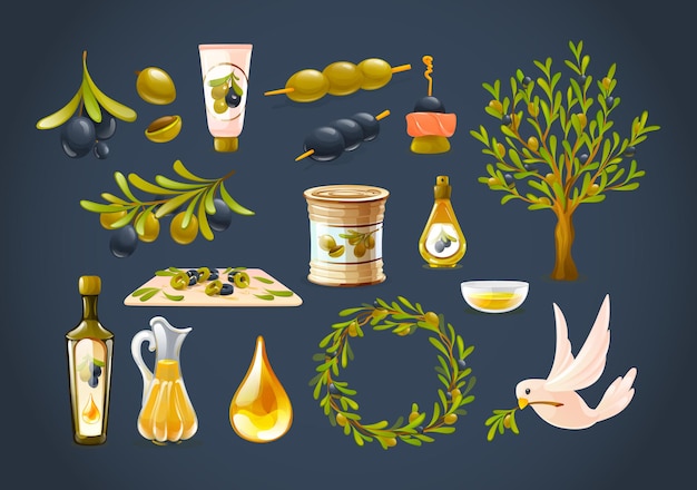 Vektor bio-olivenprodukte, glasflaschendekanter olivenöl, äste, sahne, kranz