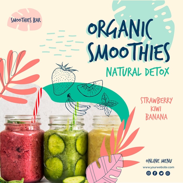 Vektor bio smoothie natural detox square flyer