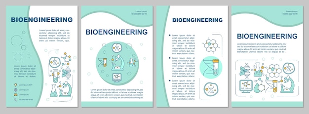 Bioengineering-broschürenvorlage. flyer, booklet, prospektdruck, covergestaltung mit linearen illustrationen. laborforschung. vektorseitenlayouts für zeitschriften, geschäftsberichte, werbeplakate