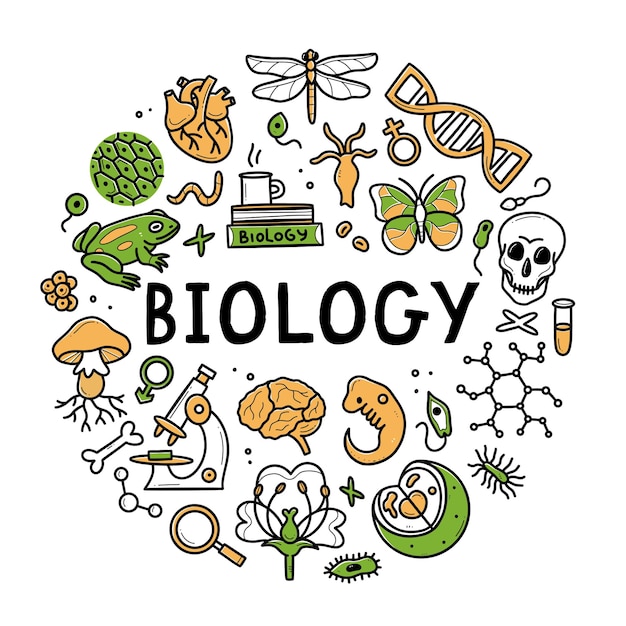 Vektor biologie-doodle-set sammlung handgezeichneter elemente der wissenschaftsbiologie in kreisform