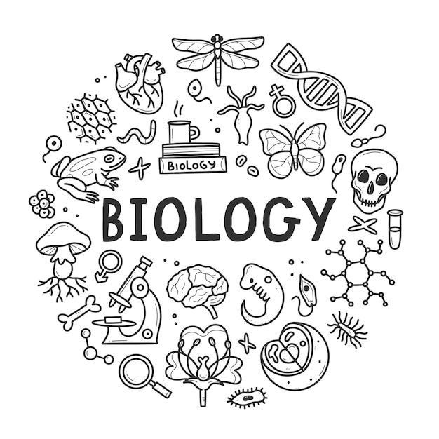 Vektor biologie-doodle-set sammlung von handgezeichneten schwarzen und weißen elementen der wissenschaftsbiologie in kreisform