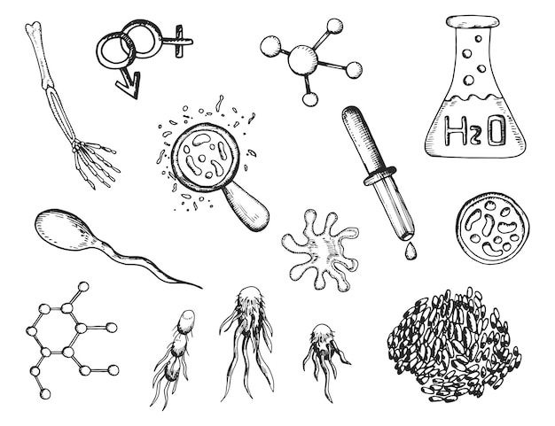 Vektor biologie mikroben und moleküle setzen isolierte skizzen