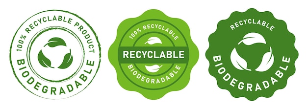 Biologisch abbaubare, recycelbare Etiketten, Aufkleber, Stempel, Symbol, Siegel, Logo, Gold, Grün, Blau