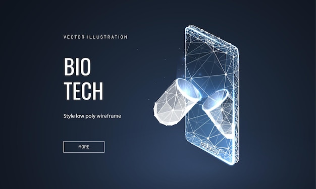 Biotechnologie, apotheke low-poly-wireframe-landingpage-vorlage. webbanner für pharmazie. polygonale illustration der pille 3d und des mobiltelefons. design-layout für kapsel- und smartphone-mesh-art-homepage