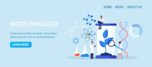 Vektor biotechnologie-ingenieure züchten grüne sprossenpflanzen im boden mit anbaugeräten im wissenschaftslabor. wissenschaftliches experiment, molekulare analyse, biologische forschung für medizinische kräuterzwecke