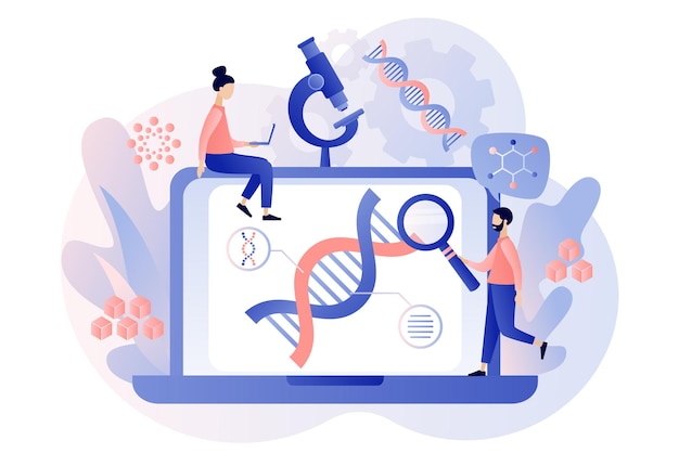 Biotechnologie Winzige Leute studieren DNA mit Mikroskop und Laptop Wissenschaftslaborforschung