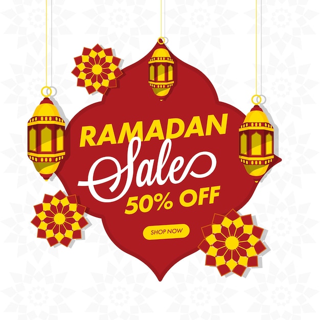 Bis zu 50% rabatt für ramadan sale poster design mit hängenden laternen und islamischem muster