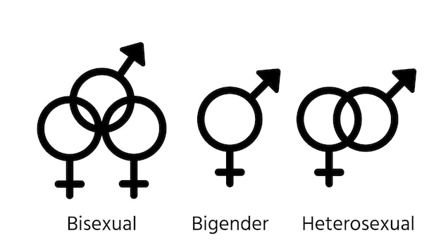 Vektor bisexuelle und heterosexuelle geschlechtssymbole. vektor. orientierungsschilder. stellen sie schwarze ikonen des umrisses ein, die auf weißem hintergrund lokalisiert werden. einfache abbildung. sexuelles konzept.