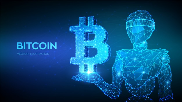 Bitcoin. abstrakter niedriger polygonaler roboter 3d, der bitcoin-ikone hält.