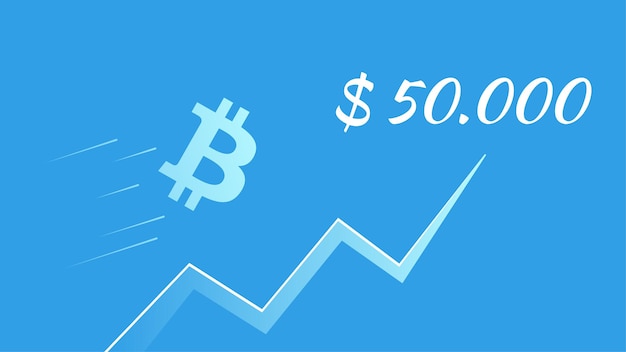Bitcoin BTC fliegt auf blauem Hintergrund in Richtung 50000 Dollar Aufwärtstrendpfeil Vektorillustration für Nachrichten
