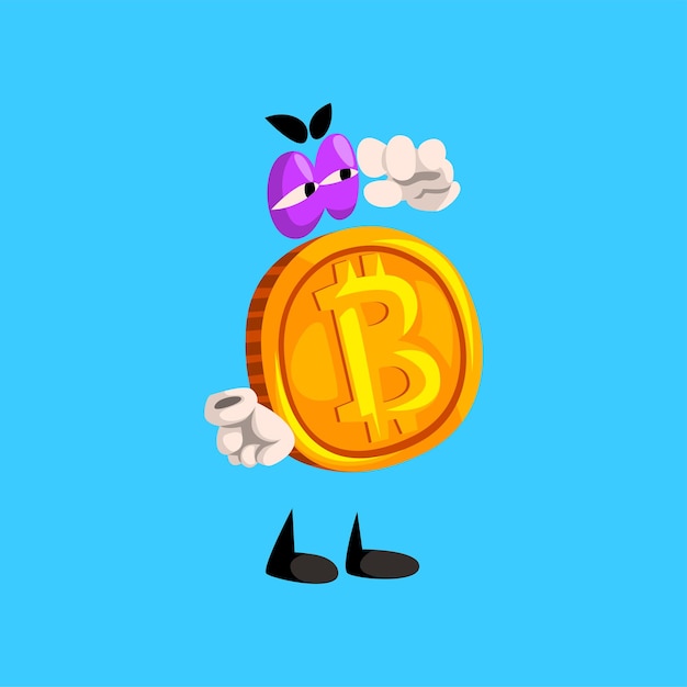 Bitcoin-charakter, lustige kryptowährung emoticon-vektor illustration auf einem himmelblauen hintergrund isoliert.