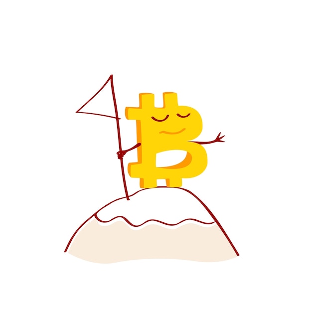 Bitcoin-Charakter steht auf einem Berg mit einer Flagge Vektor-Cartoon-Illustration