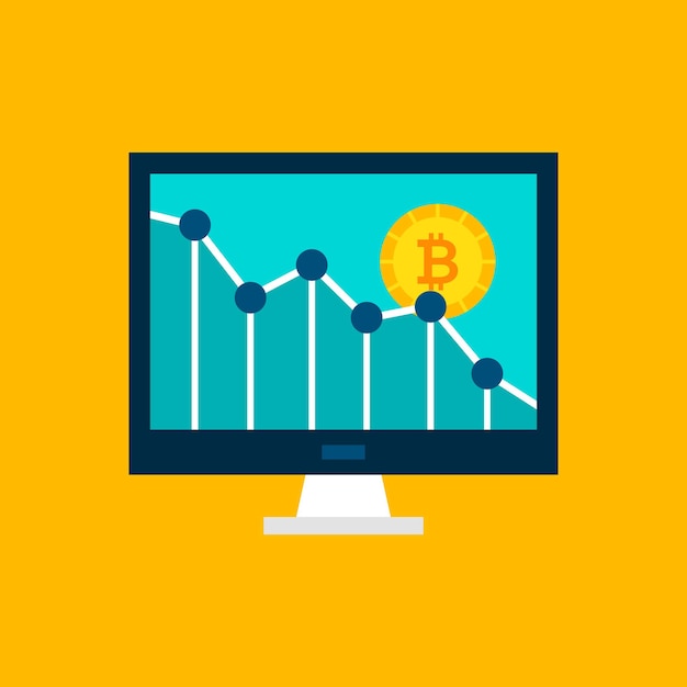 Bitcoin-down-diagramm. vektor-illustration mit finanzstatistiken auf dem display.