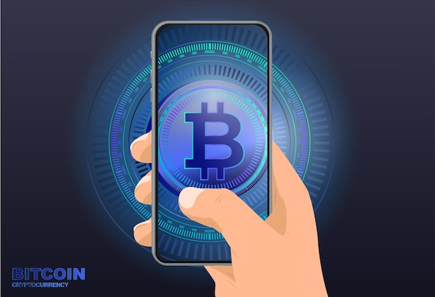 Bitcoin elektronisches GeldKryptowährung Digitale globale WährungssymboleTelefon in der Hand mit Währung