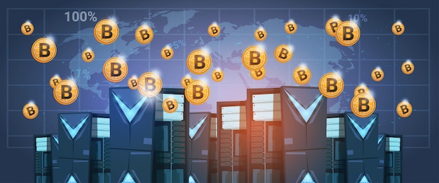 Bitcoin Mining Farm Rechenzentrum über Weltkarte Digitale Krypto-Währung Modernes Web-Geld