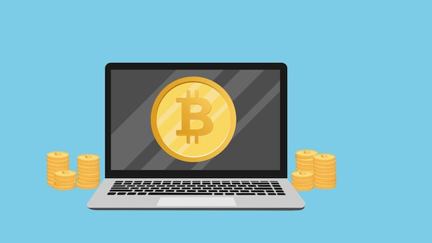 Bitcoin-Mining-Konzept-Vektorillustration. Der Cartoon-Stil eines Computer-Laptops mit Kryptowährung