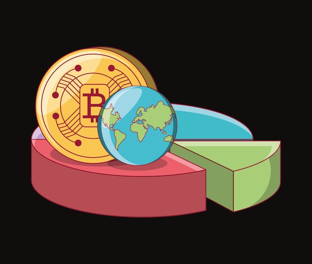 Bitcoin-münze und planet erde auf kreisdiagramm