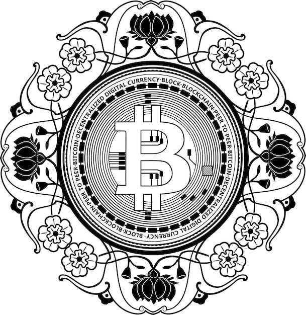 Vektor bitcoin schwarzes umrisslogo mit blumenrahmen handgefertigte silhouette nr. 61