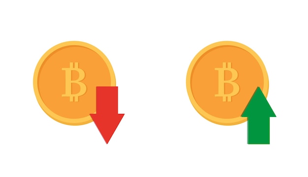 Bitcoin-Symbol nach oben oder unten Bitcoin-Symbol nach oben Vektorgrafiken im flachen Stil