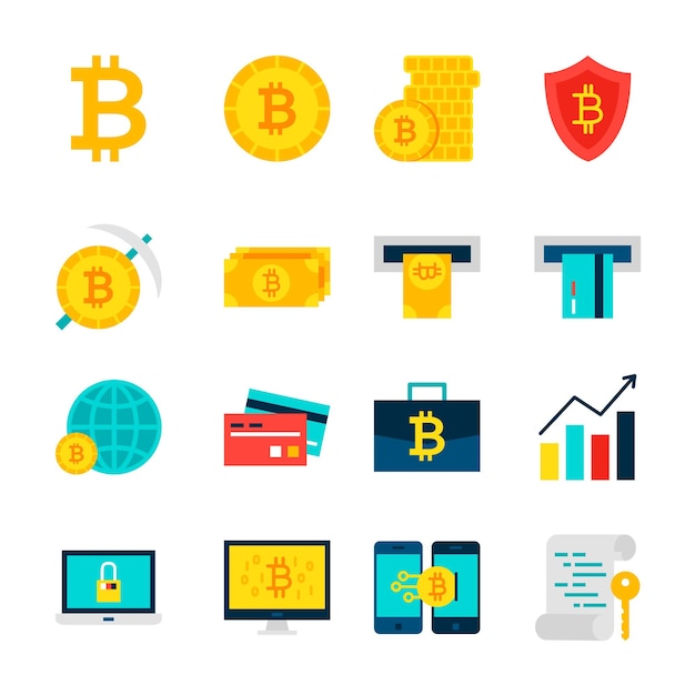 Bitcoin-Währungsobjekte. Satz von Finanzposten getrennt über Weiß.