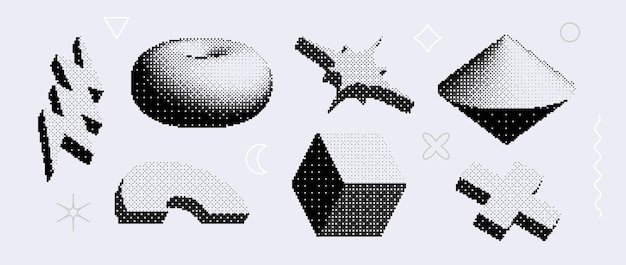 Bitmap-texturisierte Formen-Satz Dither Halftone geometrische Objekte-Sammlung Schwarzer Torus-Kubus-Kreuz-Stern