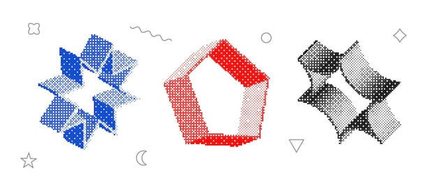 Bitmap-texturisierte Formen-Set Blau-Rot-Schwarz-Dither-Halbton-Objekte-Sammlung 3D-Sterne-Sparkle p