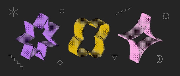 Bitmap-texturisierte Formensatz Dither Halftone-Objektsammlung Farbige 3D-Blumenstern-Diamant ele