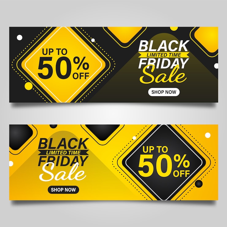 Black Friday Banner Design Vorlage auf schwarzem und gelbem Hintergrund. Vektorillustration