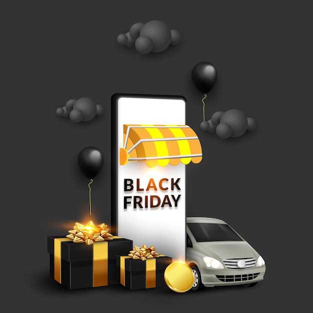 Black Friday-Bannerillustration mit Smartphone, Geschenkbox und Auto für digitales Marketing