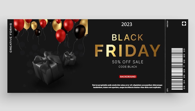 Vektor black friday horizontale verkaufsbanner mit realistischen glänzenden ballons geschenkkasten und rabatttext auf schwarzem hintergrund vektorillustration