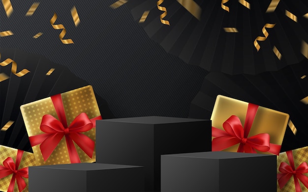 Black friday runde podium-geschenkbox, rotes band und goldenes floating ribbon mit handwerksstil im hintergrund.