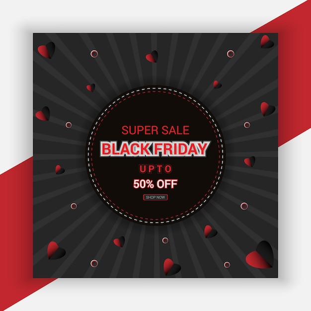 Black friday sale 50 rabatt poster mit angebotsaktion in roter schrift und schwarzem stil premium-vektor