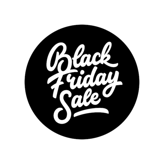 Vektor black friday sale abzeichen mit handgemachter schrift, kalligraphie mit schwarzem kreis und weißem hintergrund für logo, banner, etiketten, drucke, poster, web, präsentation. vektor-illustration.