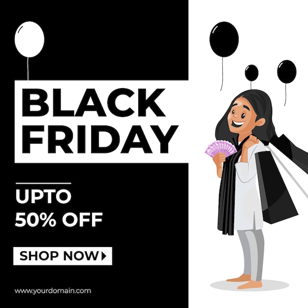 Black friday sale banner design mit frau, die geld und einkaufstaschen in der hand hält