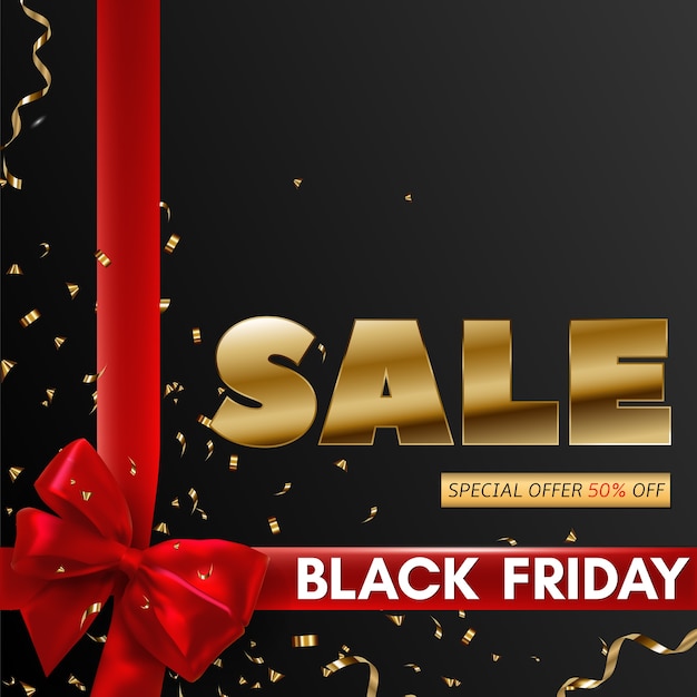 Black friday sale banner design mit rotem band und schleife.